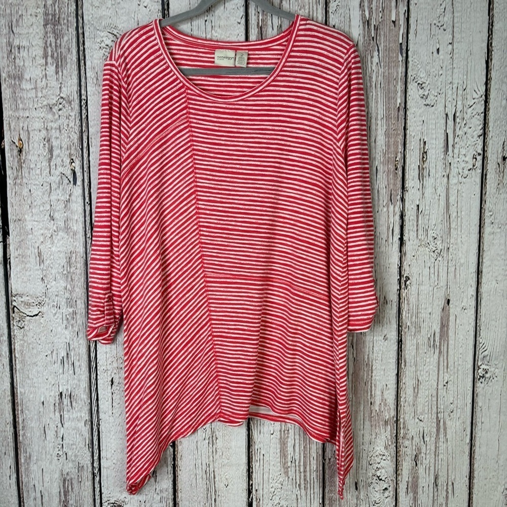 Zenergy by Chico’s Striped Shark Bite Tunic 2|Large Coral Pink & White Pullover